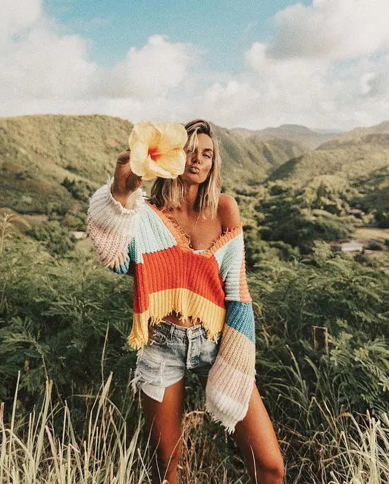 V-Neck Rainbow Striped Loose Knit Sweater for Women