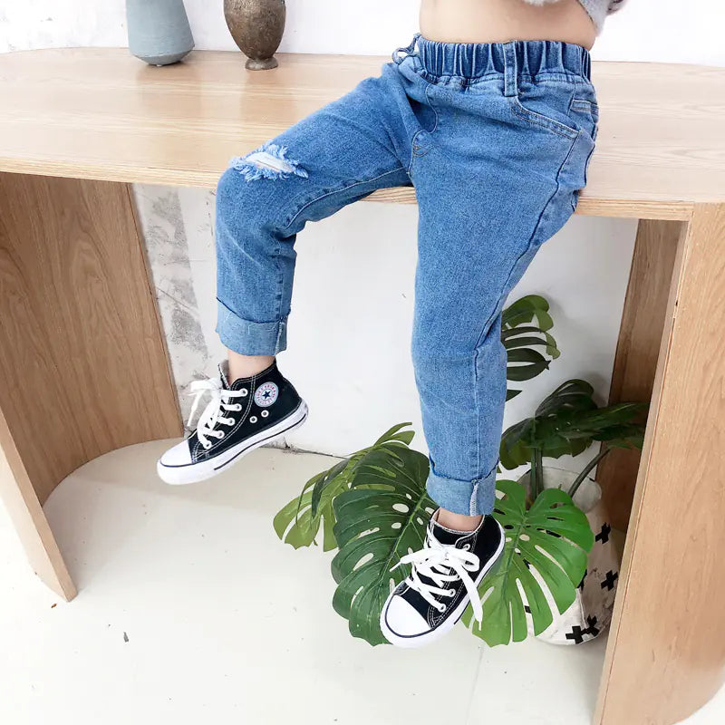 Boys Raw Edge Stretch Denim Ripped Jeans Trousers