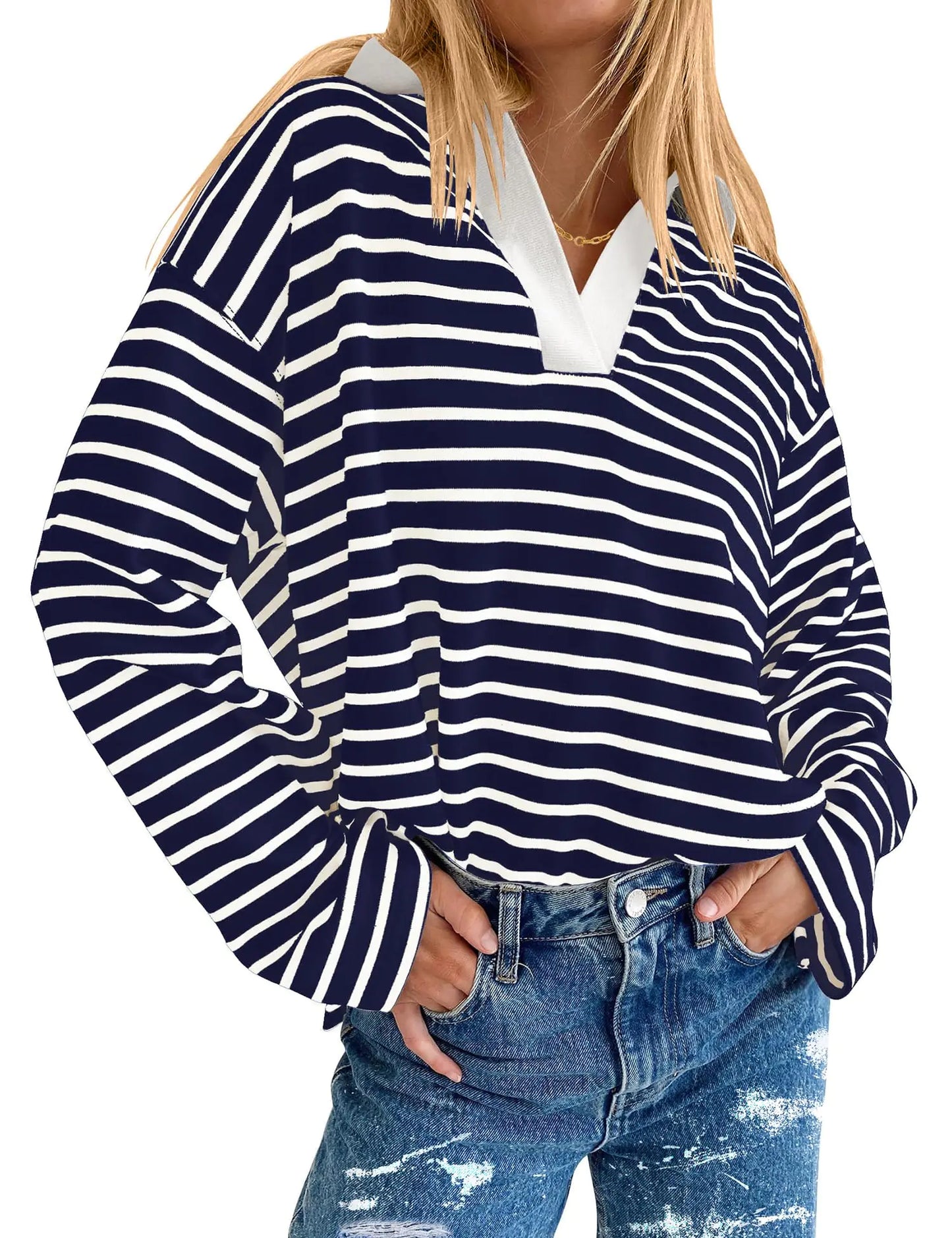 AKEWEI Womens V Ncek Striped Polo Shirts Collared Long Sleeve Shirt Womens Fashion 2024(Navy White StripeM)