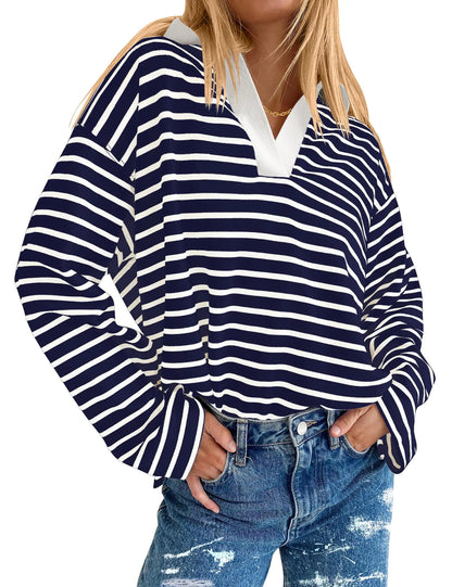 AKEWEI Womens V Ncek Striped Polo Shirts Collared Long Sleeve Shirt Womens Fashion 2024(Navy White StripeM)