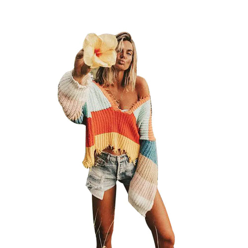 V-Neck Rainbow Striped Loose Knit Sweater for Women